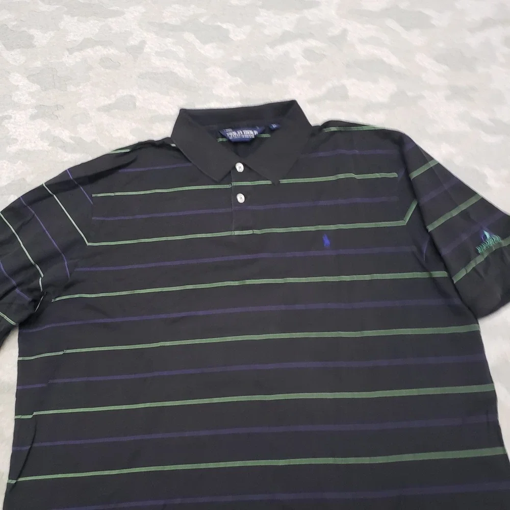 VTG Polo Golf Ralph Lauren Polo Shirt Mens XL Black Short Sleeve Striped Branded